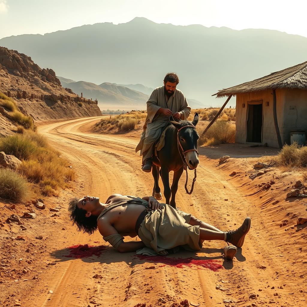 A dusty road winds through a rugged, sun-drenched landscape. In the foreground, a weary traveler lies beaten and bloodied, abandoned by the side of the path. Suddenly, a Samaritan man on a sturdy donkey approaches, his compassionate gaze fixed on the injured stranger. With a look of deep concern, he dismounts and tends to the man's wounds, pouring oil and wine onto his injuries. The background features a simple inn, its weathered walls and thatched roof hinting at the hospitality that awaits. Soft, golden light bathes the scene, conveying a sense of hope and redemption amidst the hardship. This is the Parable of the Good Samaritan, a timeless tale of selfless mercy in the face of human suffering.