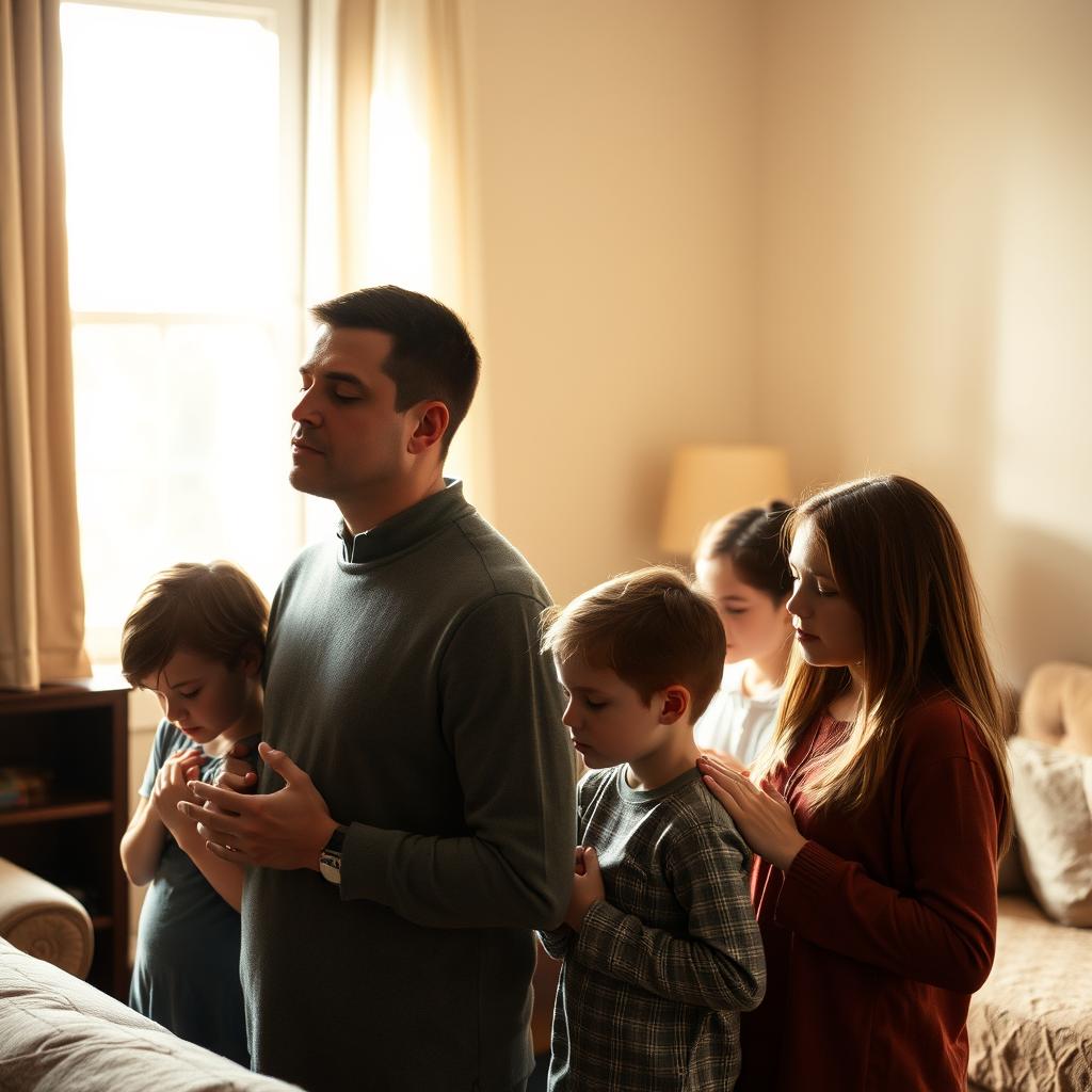 A family gathered in a warm, softly lit room, heads bowed in reverent prayer. The father leads, his face serene and eyes closed, surrounded by his wife and children, each reflecting the solemnity of the moment. Sunlight filters through a nearby window, casting a gentle glow across the scene. The room is simple, yet inviting, with modest furnishings that allow the focus to remain on the family's devotion. An atmosphere of peaceful contemplation permeates the space, as the family connects with the divine during this ordinary time.