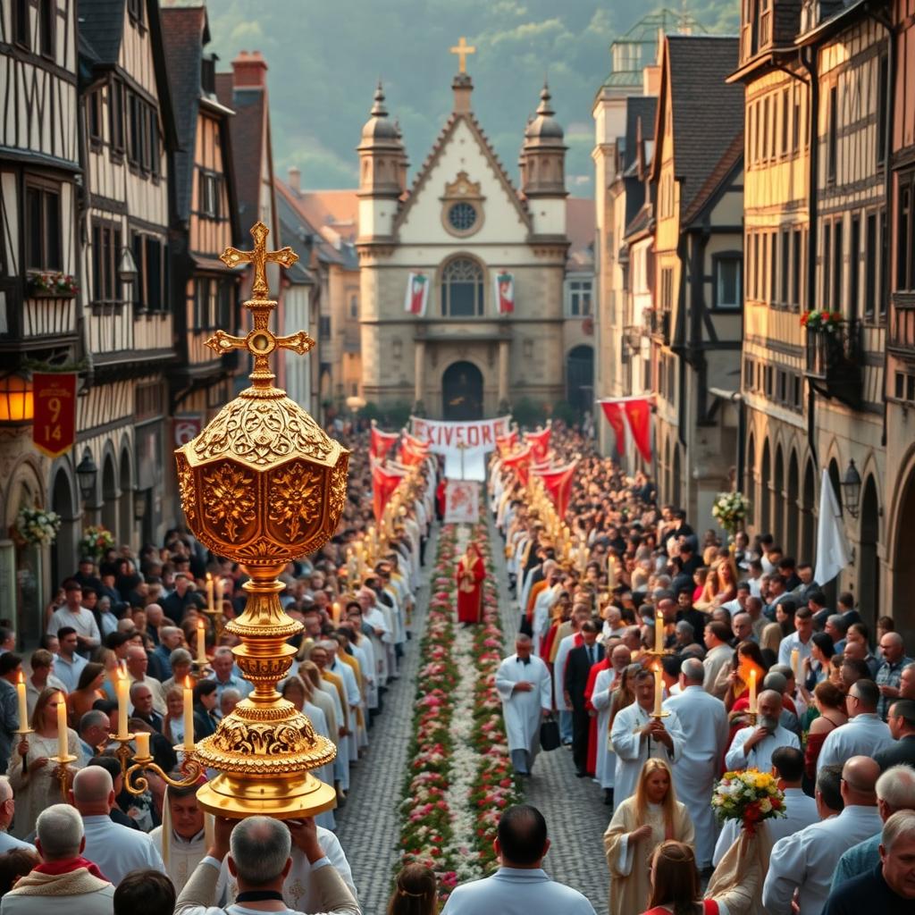 A grand Corpus Christi procession unfolds in a picturesque medieval town square. The foreground features a majestic golden monstrance carried by robed clergy, surrounded by a reverent crowd adorned in traditional religious garments. The middle ground showcases colorful banners, candles, and flower-strewn paths leading towards an ornate cathedral. In the background, half-timbered buildings and cobblestone streets create a timeless, atmospheric setting, bathed in warm, golden-hour lighting that evokes the solemnity and grandeur of the historical celebration. The overall scene conveys a sense of deep spiritual devotion and community, reflecting the rich heritage of the Corpus Christi feast.