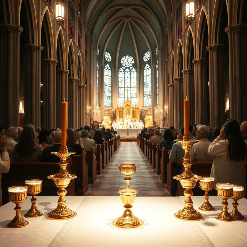 A grand Eucharistic feast unfolds, a sacred gathering of faithful worshippers. In the foreground, a bountiful table adorned with ornate chalices, golden candlesticks, and the sacred Host - the very Body of Christ. Soft, warm lighting illuminates the scene, casting a reverent glow. In the middle ground, rows of wooden pews face the altar, where priests in flowing vestments perform the solemn Liturgy. The background reveals a magnificent cathedral, its towering arches and stained-glass windows bathed in ethereal light, evoking a sense of divine grandeur. The atmosphere is one of profound reverence, as the faithful partake in this profound mystery, united in their devotion to the Eucharistic Lord.