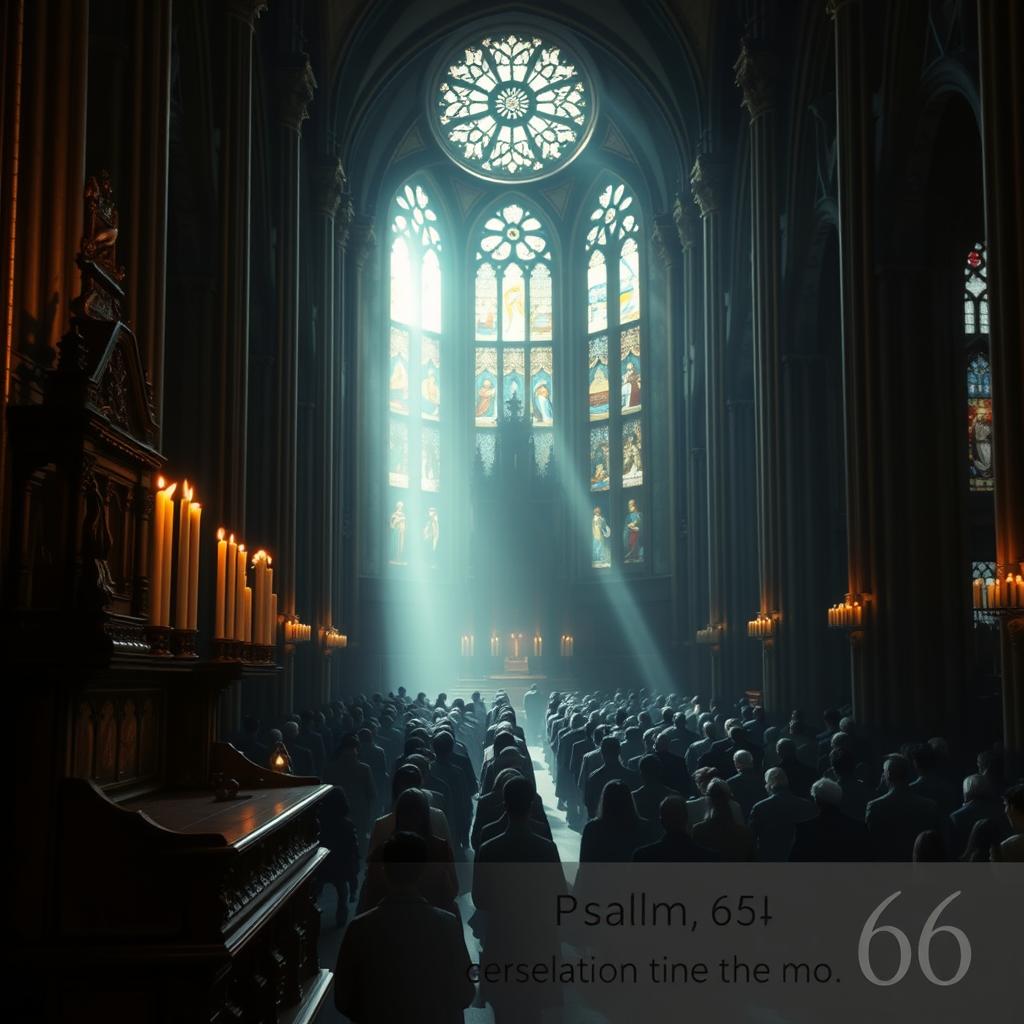 A grand cathedral interior, dimly lit by ornate stained glass windows. An altar stands prominently in the foreground, adorned with intricate carvings and candles flickering softly. In the middle ground, a congregation of worshippers kneels in reverent prayer, their faces cast in an ethereal glow. The background is shrouded in a contemplative haze, emphasizing the sacred and timeless nature of the liturgical ceremony. The scene evokes a sense of awe, humility, and the divine presence celebrated in Psalm 66.