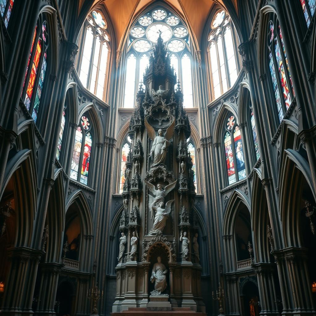 A grand cathedral interior, illuminated by soft, heavenly light filtering through stained glass windows. In the center, a towering, intricately carved stone structure representing the Trinitarian nature of the Godhead - Father, Son, and Holy Spirit. Ethereal figures of angels and saints adorn the structure, their expressions serene and transcendent. The architecture is a symphony of Gothic arches, vaulted ceilings, and intricate ornamental details, creating a sense of awe and reverence. The overall atmosphere is one of sacred contemplation, inviting the viewer to meditate on the profound mystery of the Holy Trinity and its role in the salvation of humanity.