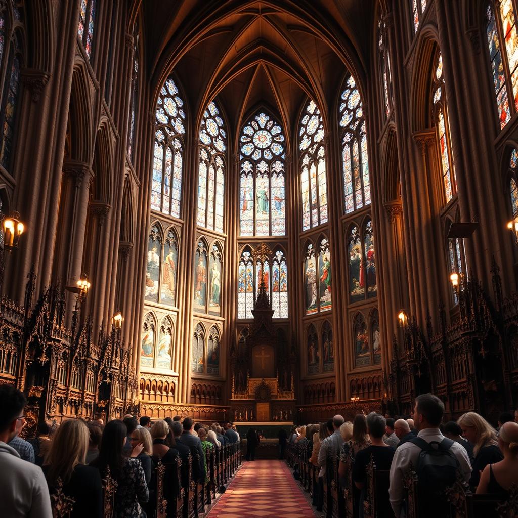 A grand cathedral stands tall, its ornate Gothic architecture reaching skyward. Stained glass windows cast kaleidoscopic hues upon the ornate pews below, illuminating the rich tapestries and intricate carvings that adorn the interior. In the foreground, a group of worshippers reverently kneel, their faces suffused with the solemn awe of a centuries-old tradition. The atmosphere is one of timeless reverence, as the space is suffused with the weight of history and the whispers of generations past. Soft, warm lighting filters through the windows, creating a sense of tranquility and contemplation. The overall effect is one of profound, timeless spirituality, a visual representation of the enduring legacy of the church.
