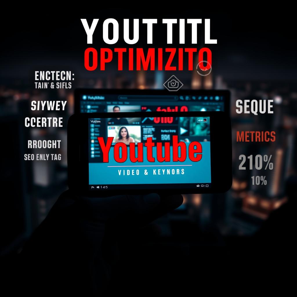 A high-contrast, dynamic composition depicting "YouTube title optimization". In the foreground, a hand holding a mobile device, the screen displaying an engaging video title with compelling keywords. Surrounding it, various typographic elements - bold, eye-catching fonts, SEO-friendly tags, and vibrant color accents. In the middle ground, a desktop computer monitor showcasing analytics data and viewer engagement metrics. The background features a blurred cityscape, hinting at the global reach and impact of optimized YouTube content. Dramatic lighting casts dramatic shadows, creating a sense of urgency and importance. The overall mood is one of strategic, data-driven decision-making in the pursuit of YouTube success.