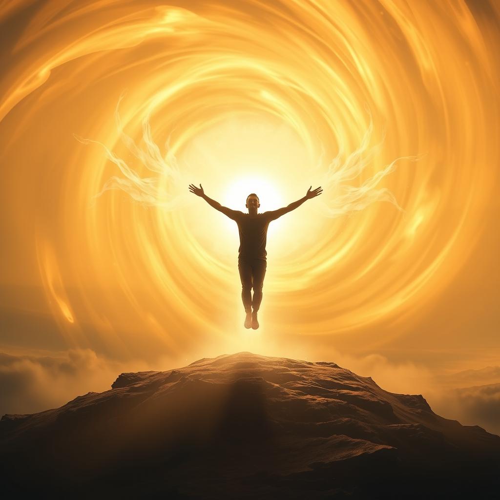 A lone figure, arms outstretched, emerges from a swirling vortex of energy, symbolizing the liberation from the cycle of rebirth. The background is a serene, ethereal landscape, bathed in warm, golden light, representing the peace and tranquility of the afterlife. Wisps of energy and translucent, ethereal forms surround the figure, hinting at the spiritual transformation taking place. The composition is balanced, with the central figure drawing the viewer's eye, while the background provides a sense of depth and contemplation. The overall mood is one of triumph, enlightenment, and the shedding of earthly burdens, capturing the essence of escaping the cycle of reincarnation.