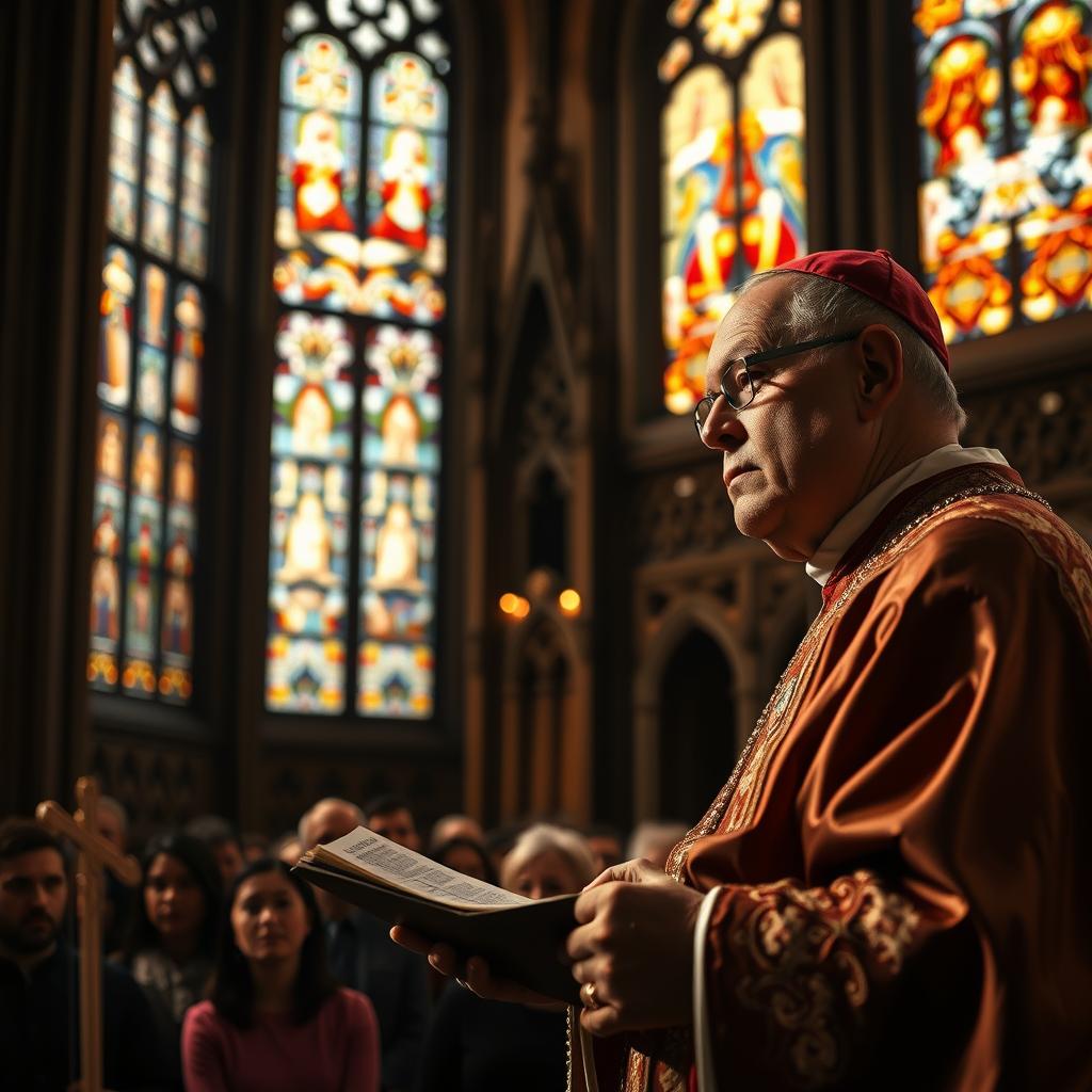 A majestic cathedral interior, stained glass windows casting a warm glow. In the foreground, a Catholic cardinal in ornate vestments, his face grave and thoughtful, delivering a sermon on justice and mercy. The middle ground features parishioners listening intently, their expressions solemn. In the background, intricate Gothic architecture recedes into shadow, creating a sense of reverence and contemplation. Soft, dramatic lighting illuminates the scene, highlighting the cardinal's authoritative presence and the congregation's rapt attention. An atmosphere of spiritual enlightenment and moral guidance pervades the image.
