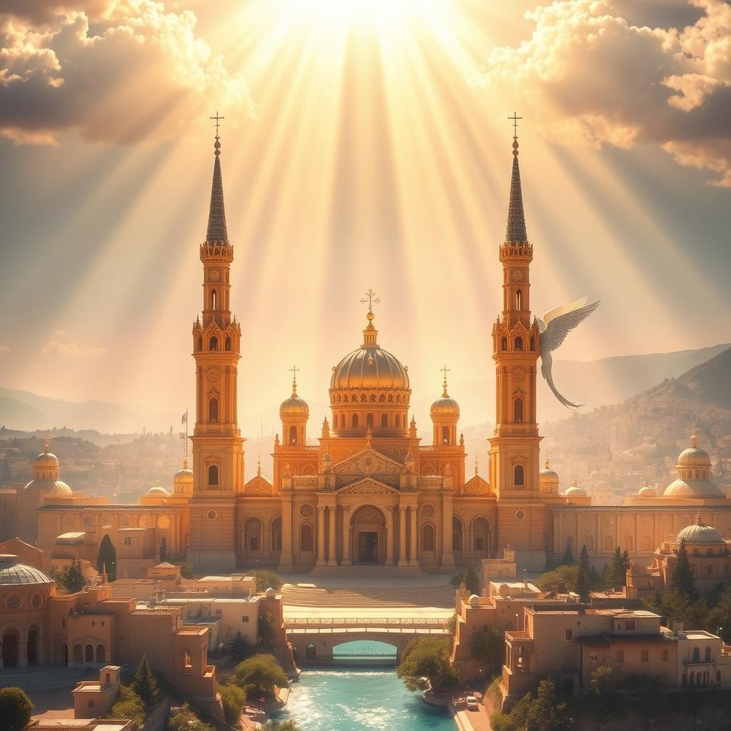 A majestic city of gold and precious stones, the Heavenly Jerusalem shines with divine radiance. In the foreground, a breathtaking celestial cathedral rises, its spires piercing the ethereal sky. Towering angels stand guard at the ornate gates, their wings outstretched in a protective embrace. In the middle ground, a tranquil river of life flows, its crystal-clear waters reflecting the splendor above. Distant hills and mountains, swathed in soft light, form the serene backdrop, exuding a sense of eternal peace and harmony. The entire scene conveys a profound spiritual energy, drawing the viewer into a realm of heavenly wonder and transcendent beauty.