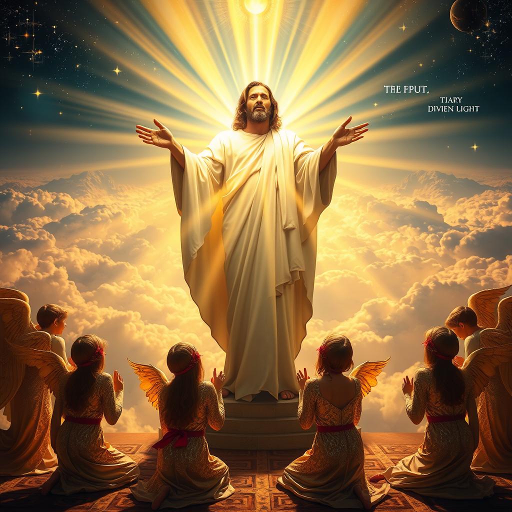 A majestic depiction of the supremacy of Christ, illuminated by divine light. In the foreground, a powerful, Christ-like figure stands tall, robed in flowing white garments. Rays of golden light emanate from his being, casting a warm glow upon the scene. In the middle ground, angelic figures in shimmering attire kneel in reverence, their faces uplifted in awe. The background features a grand, celestial landscape - rolling clouds, shimmering stars, and a sense of infinite, transcendent beauty. The overall atmosphere is one of awe, wonder, and the unmistakable presence of the divine.