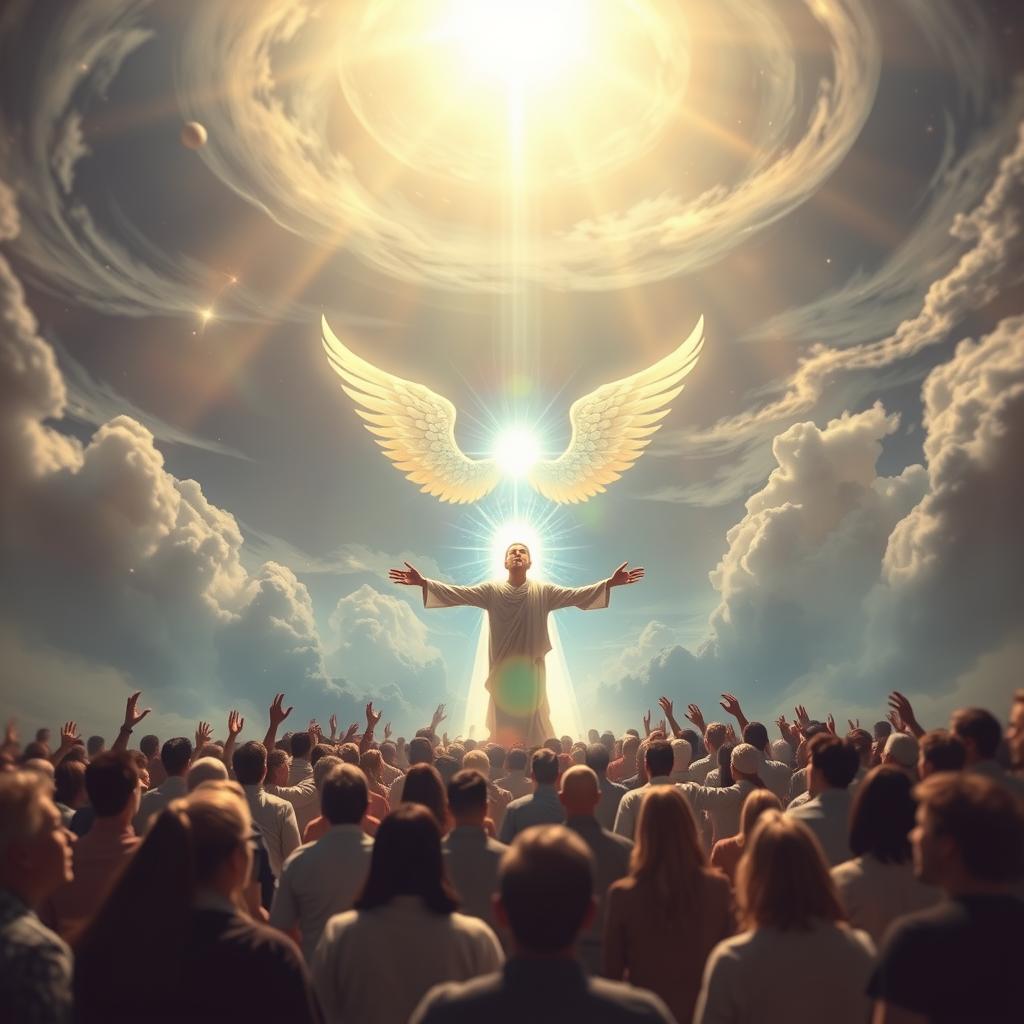 A majestic, otherworldly scene depicting Isaiah's divine vision of God's universal call to salvation. In the foreground, a glowing, angelic figure gestures with outstretched arms, radiating celestial light. In the middle ground, diverse people from all nations gather, their faces uplifted in awe and reverence. The background is a vast, ethereal landscape, with swirling clouds and shimmering celestial bodies. The lighting is soft and diffuse, creating a sense of timeless, mystical wonder. Captured with a wide-angle lens to convey the grand, expansive nature of the prophecy. The overall mood is one of profound spiritual transcendence and the inclusive, all-encompassing nature of God's redemptive plan.