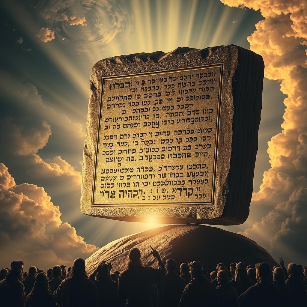 A majestic stone tablet, carved with intricate Hebraic script, levitates against a backdrop of swirling clouds and beams of celestial light. The tablet's surface radiates a holy glow, casting warm reflections on the figures of Moses and the Israelites gathered at its base. The scene conveys a sense of reverence and awe, as the people receive the divine commandments that will guide their path. Soft chiaroscuro lighting emphasizes the tablet's weight and solemnity, while a wide-angle lens captures the grandeur of the moment. This image evokes the solemn significance of Deuteronomy's message, the law that shapes the lives of God's chosen people.