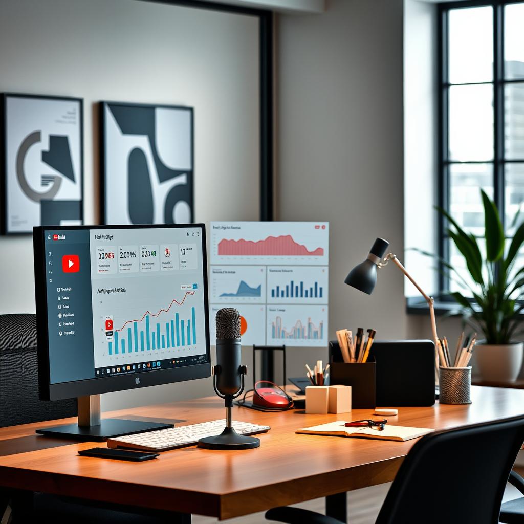 A modern office workspace with a sleek, minimalist design. In the foreground, a computer monitor displays a YouTube analytics dashboard, showcasing key metrics and campaign performance data. In the middle ground, a desk is adorned with a professional-looking microphone, a stylish lamp, and neatly organized office supplies, creating a productive and focused atmosphere. The background features large windows that allow natural light to flood the space, complemented by modern, geometric wall art and a potted plant, adding a touch of sophistication. The overall scene conveys a sense of efficiency, attention to detail, and a strategic approach to YouTube ad campaign setup.