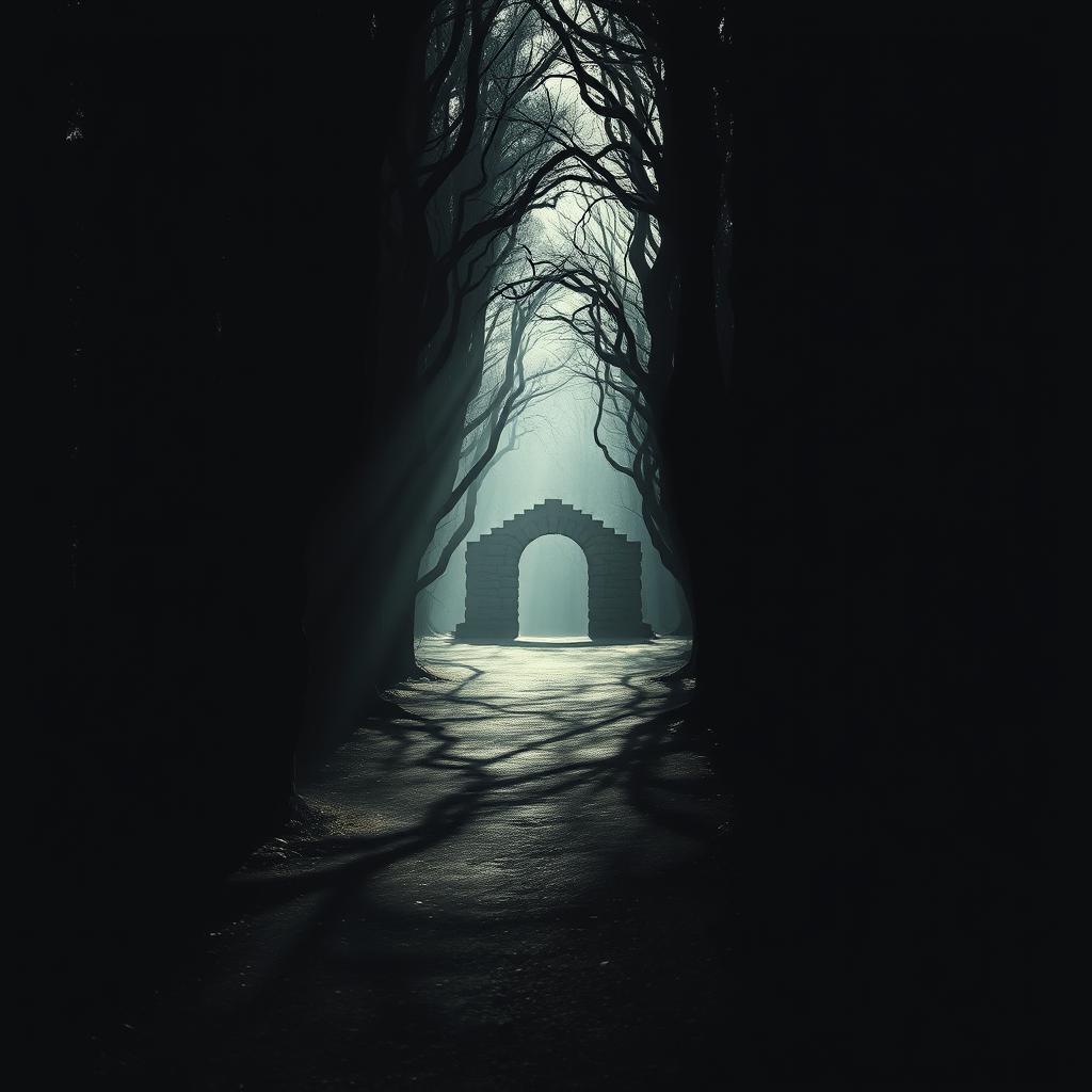 A narrow, winding path leading through a dense, shadowy forest, with gnarled, twisted trees on either side casting long, eerie shadows. The path opens up to reveal a small, arched stone gateway, its entrance dimly lit, almost appearing to beckon the viewer to pass through. The atmosphere is somber and contemplative, evoking a sense of the sacred and the spiritual. Soft, filtered lighting from above creates a sense of reverence and awe, as if the viewer is being drawn into a sacred, mystical realm. The composition draws the eye through the narrow gateway, inviting the viewer to embark on a transformative journey.