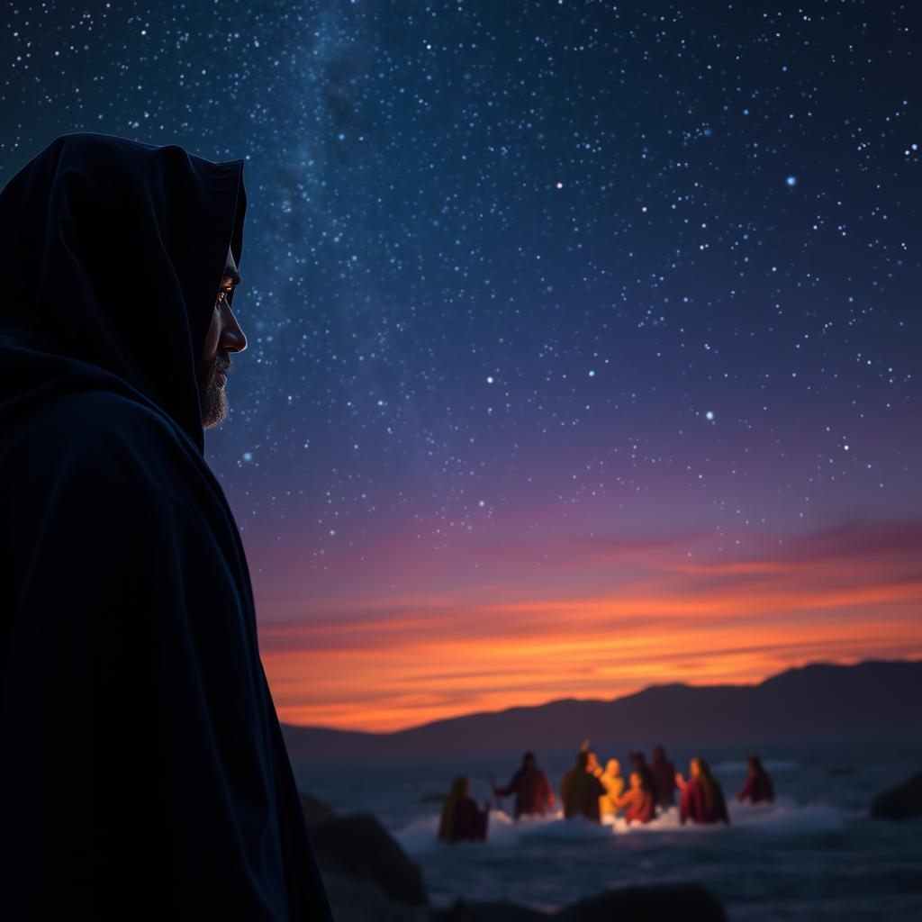 A night sky aglow with celestial splendor, bathed in an ethereal luminescence. In the foreground, a figure emerges from the shadows, cloaked in a robe of deep indigo, their face illuminated by a serene, contemplative gaze. The middle ground reveals a scene of deliverance, as the Israelites are guided through the parted waters, their expressions reflecting a sense of awe and reverence. In the distance, the horizon is painted with hues of deep purple and vibrant orange, creating a dramatic and mystical atmosphere. Soft, warm lighting casts a gentle glow, evoking a sense of divine providence and the triumph of faith over adversity.