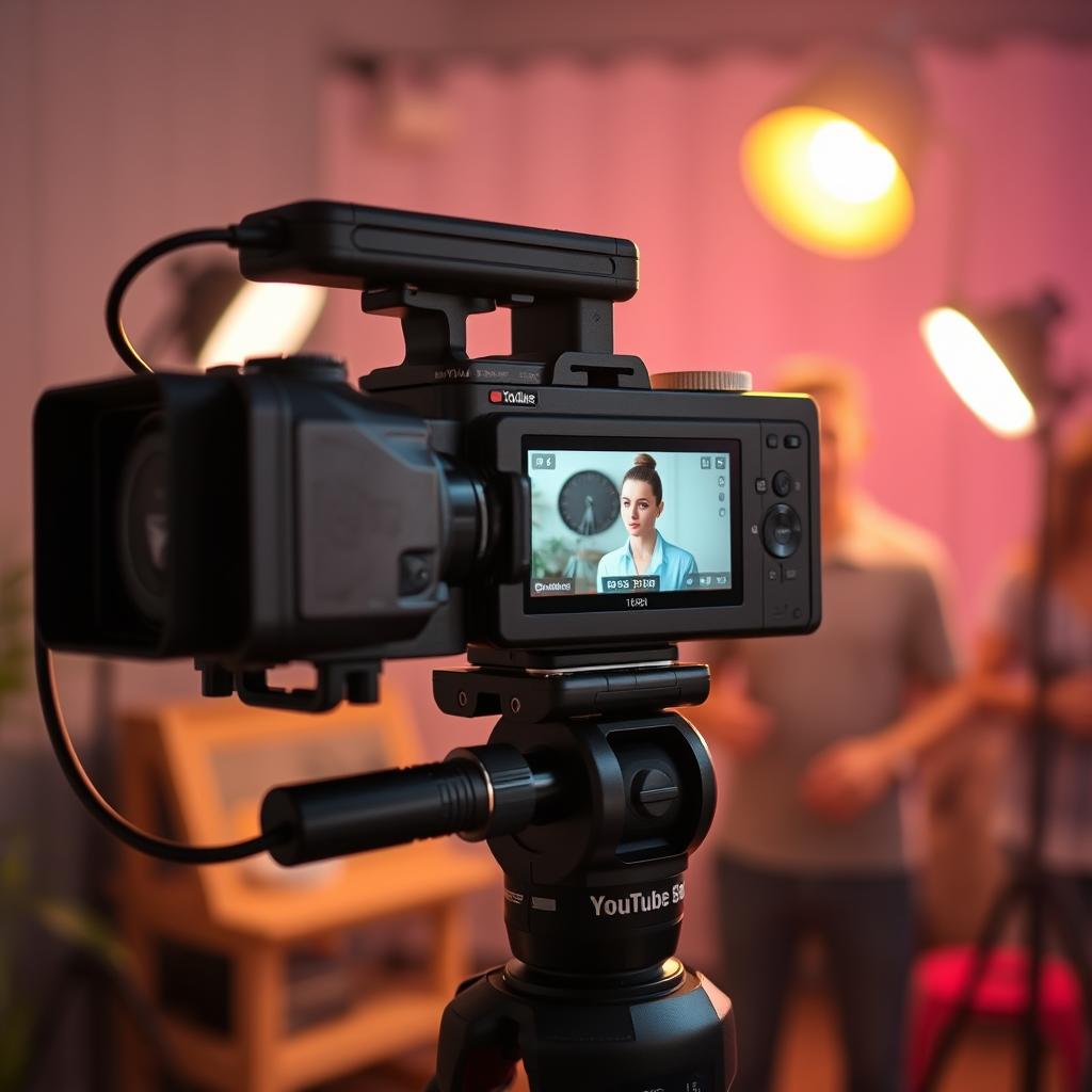 A professional-grade YouTube video production set, complete with a high-definition camera mounted on a sturdy tripod, capturing a vibrant and engaging scene. Soft, diffused lighting illuminates the subject, creating a warm, cinematic atmosphere. The camera is positioned at an optimal angle, framing the subject with care and precision. The background is blurred, drawing the viewer's attention to the focal point. Every detail, from the camera's lens to the lighting setup, is meticulously crafted to deliver a visually stunning and captivating video experience.
