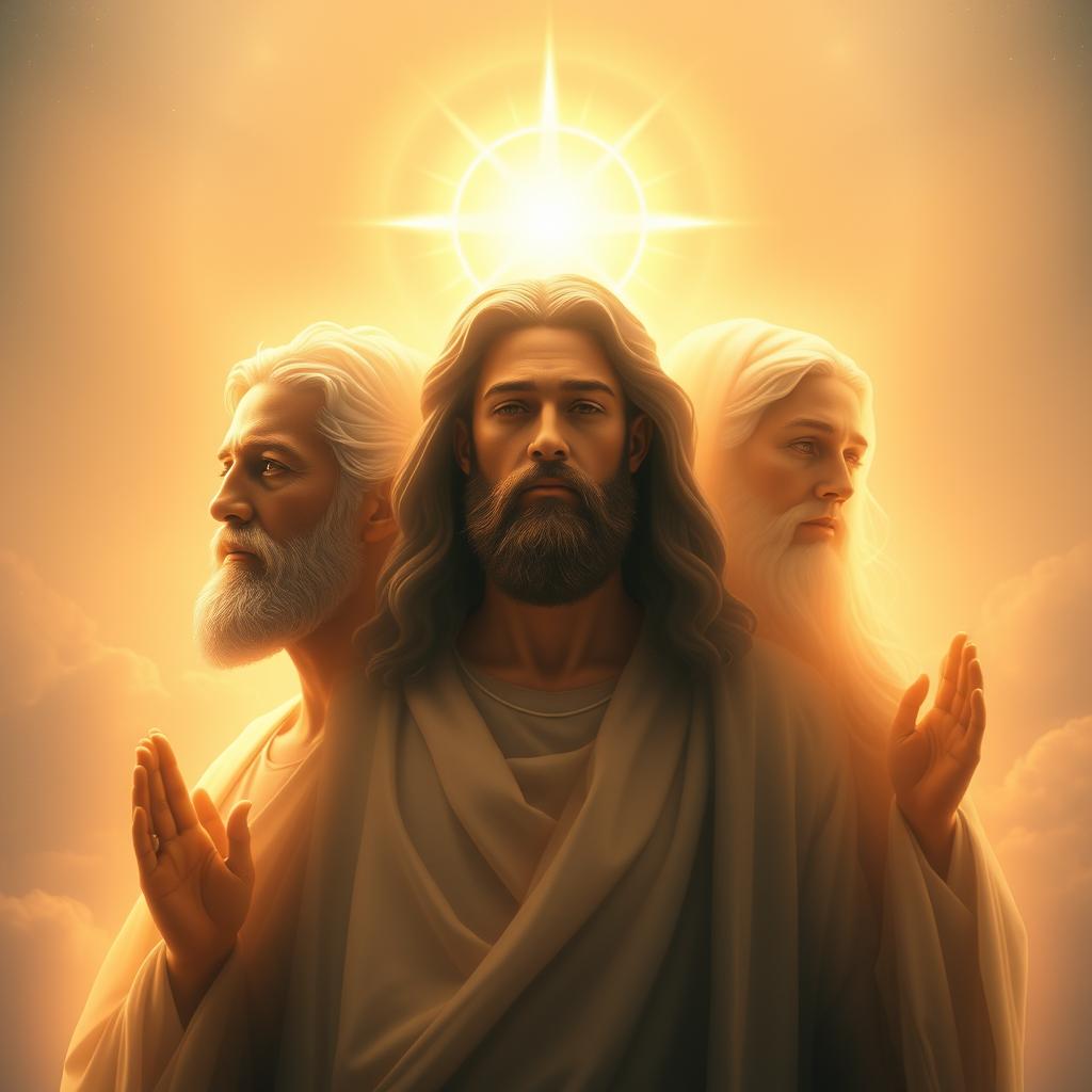 A radiant, ethereal depiction of the Blessed Trinity, with the Father, Son, and Holy Spirit represented in a harmonious, three-part composition. The figures are bathed in a warm, glowing light, their expressions serene and contemplative. The background is a vast, celestial expanse, hinting at the divine and transcendent nature of the subject. The composition is balanced and symmetrical, with the three figures positioned in an equilateral triangle, symbolizing the unity and equality of the Triune God. The overall mood is one of reverence, awe, and spiritual contemplation, befitting the sacred subject matter.