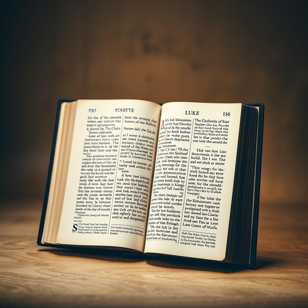 A reverent and scholarly depiction of the Gospel of Luke, the beloved physician's account of the life and teachings of Jesus Christ. Set against a warm, muted background suggestive of ancient parchment, the central focus is a finely detailed, ornately illuminated manuscript page showcasing the distinctive literary style and theological depth of this canonical text. Soft, diffused lighting casts a contemplative glow, while the angle and perspective invite the viewer to reverently engage with this foundational work of Christian scripture.