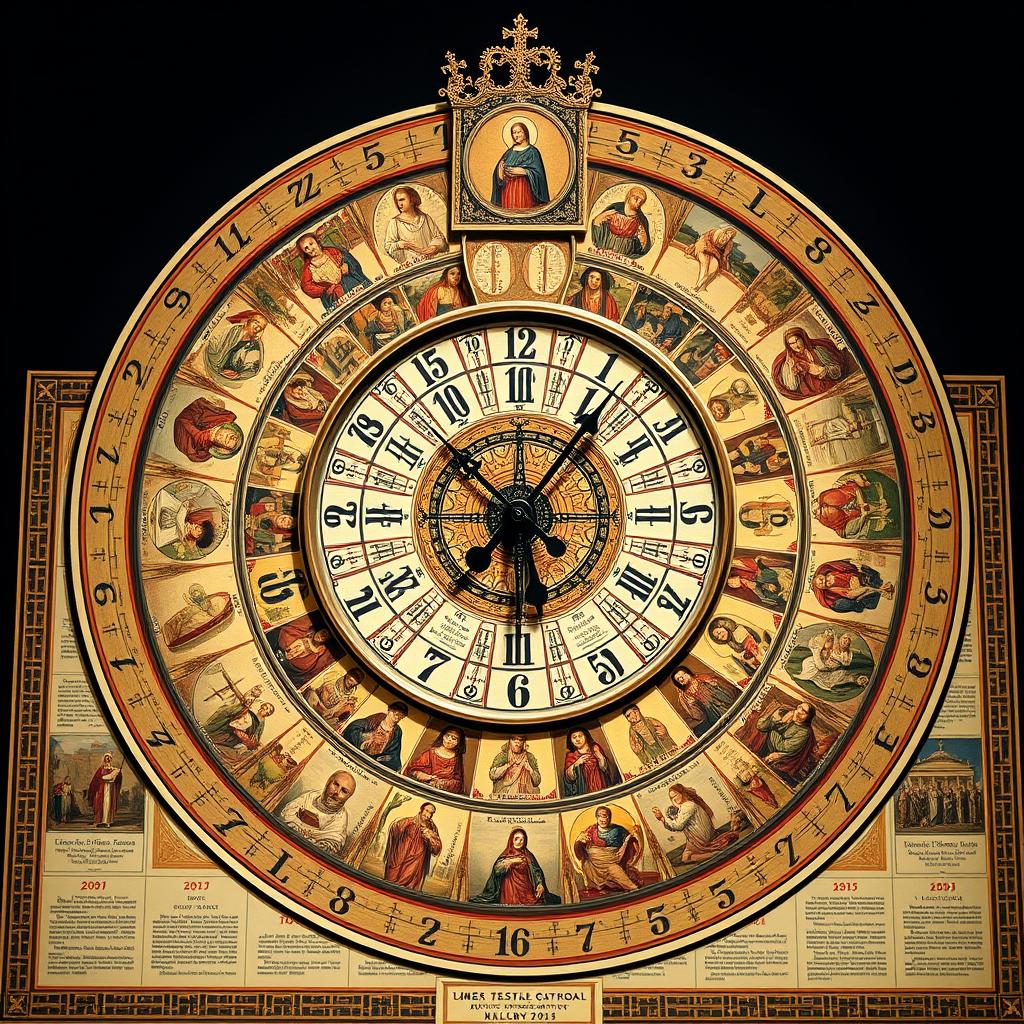A richly detailed Catholic liturgical calendar, its intricate design showcasing the church's yearly cycle of observances. The foreground features a centralized clock-like structure, its hands precisely marking the flow of the liturgical year. The middle ground depicts detailed illustrations of key feast days and celebrations, each rendered with reverence and historical accuracy. The background subtly evokes a sense of timelessness, with muted tones and architectural elements suggestive of a sacred space. Dramatic, yet muted lighting casts a contemplative mood, inviting the viewer to appreciate the deep cultural and historical roots of the Catholic liturgical tradition.