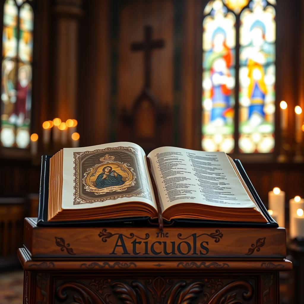 A serene Catholic lectionary, its pages illuminated by warm, natural light filtering through stained glass windows. The leather-bound book rests on a carved wooden podium, its cover adorned with intricate religious imagery. In the background, a reverent atmosphere pervades, with the soft glow of candles casting a contemplative ambiance. The scene evokes a sense of spiritual meditation and thoughtful reflection on the sacred text within.