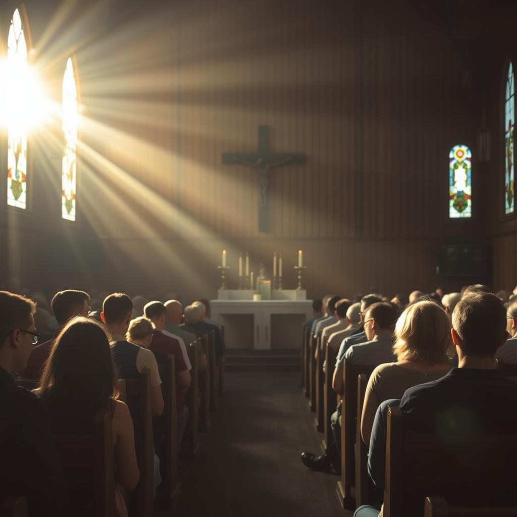 A serene and contemplative gathering of believers in a dimly lit, wooden church sanctuary. Sunlight streams through stained glass windows, casting a warm, reverent glow over the scene. In the foreground, a group of worshippers kneels in reverent prayer, their faces illuminated by the soft, ethereal light. The middle ground features a simple altar adorned with candles and a central crucifix, the focus of the congregation's devotion. In the background, more worshippers are seated in pews, their expressions solemn and introspective as they engage in the sacred rituals of their faith. The overall atmosphere evokes a sense of deep spiritual connection, a community united in their pursuit of the divine.