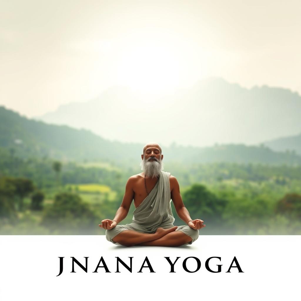 A serene and contemplative scene depicting the ancient practice of Jnana Yoga, the path of wisdom and self-realization. In the foreground, a sage-like figure sits in a cross-legged lotus position, eyes closed in deep meditation, radiating an aura of tranquility. The middle ground features a lush, verdant landscape with towering mountains in the distance, conveying a sense of timelessness and connection to the natural world. Soft, diffused lighting illuminates the scene, creating a serene and contemplative atmosphere. The overall mood is one of introspection, clarity, and the pursuit of higher knowledge.