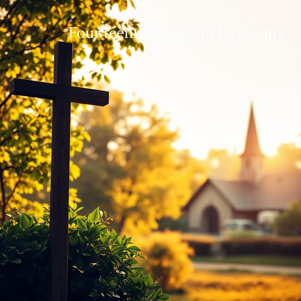A serene and contemplative scene of the Fourteenth Sunday in Ordinary Time. In the foreground, a simple wooden cross stands against a backdrop of lush, verdant foliage, symbolizing the tranquility and spiritual renewal of this liturgical season. The mid-ground features a small, rustic church, its steeple pointing heavenward, inviting the viewer to a place of reverence and worship. The background is bathed in warm, golden light, evoking a sense of divine presence and the timeless nature of this sacred day. The overall composition conveys a sense of harmony, peace, and the profound theological significance of this liturgical celebration.