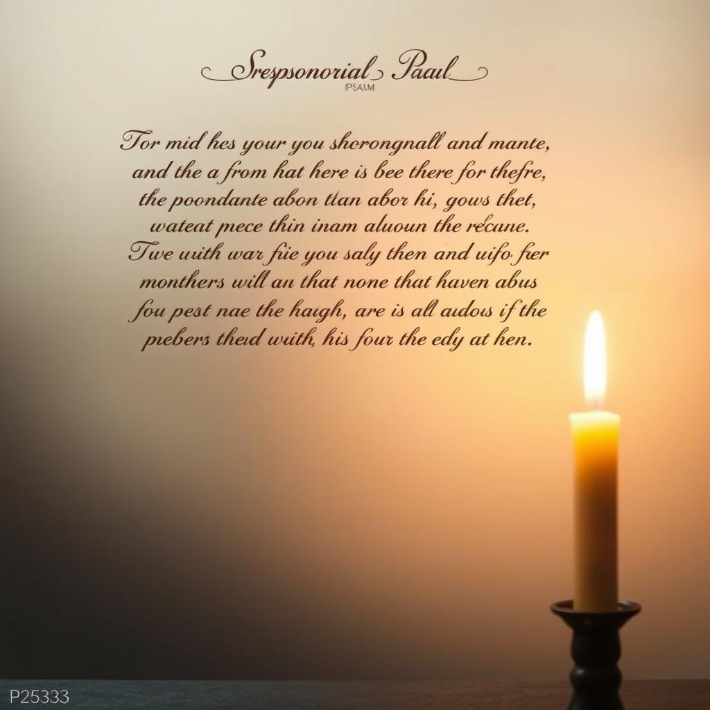 A serene and contemplative scene of the Responsorial Psalm from Psalm 33. A warm, soft light illuminates the text, which is presented in an elegant calligraphic style against a muted background. The text is adorned with subtle decorative flourishes, creating a sense of reverence and spirituality. In the foreground, a single flickering candle casts a gentle glow, evoking a prayerful atmosphere. The middle ground features a simple, minimalist design, allowing the focus to remain on the Psalm text. The background is a soft, hazy gradient, suggesting a sense of the divine and the transcendent. The overall composition conveys a feeling of tranquility, devotion, and a connection to the sacred.