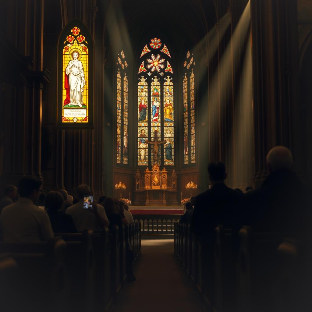 A serene and contemplative scene of the Solemnity of the Most Holy Trinity. In the foreground, a majestic stained glass window depicting the Trinity - the Father, the Son, and the Holy Spirit - shines with a warm, heavenly glow, illuminating the dimly lit cathedral interior. The middle ground features ornate wooden pews, a central altar, and worshippers lost in deep, reverent prayer. The background is shrouded in a soft, atmospheric haze, evoking a sense of sacred mystery and divine presence. The lighting is dramatic, with shafts of light cascading through the stained glass, casting a sacred, ethereal ambiance throughout the space. The overall mood is one of awe, wonder, and the profound mystery of the Triune God.