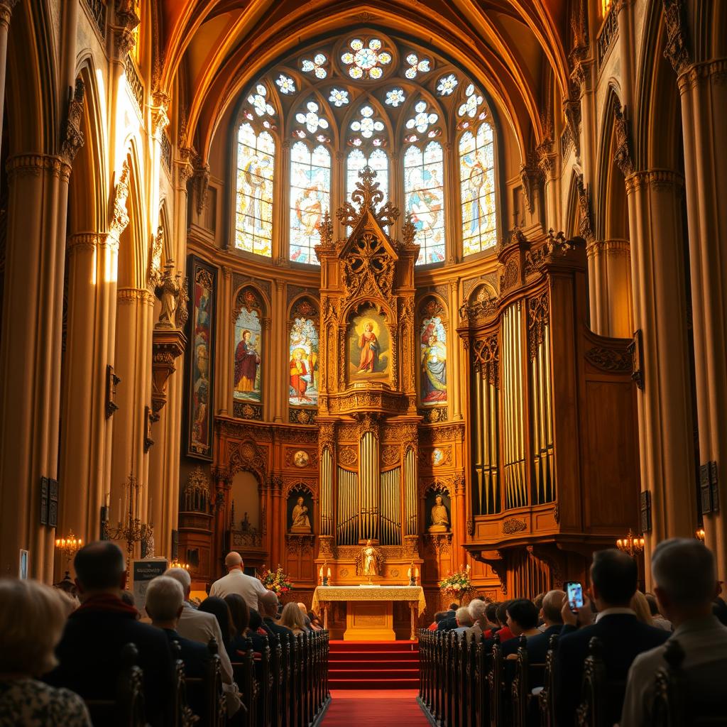 A serene and ornate Catholic church interior, bathed in warm golden light streaming through stained glass windows. The altar is adorned with intricate liturgical artwork, including hand-carved wooden sculptures, richly-embroidered vestments, and an ornate tabernacle. In the foreground, a grand pipe organ stands majestically, its pipes gleaming. Congregants are seated in carved oak pews, their eyes lifted in reverent contemplation. The overall atmosphere evokes a sense of sacred beauty, inspiring spiritual reflection.
