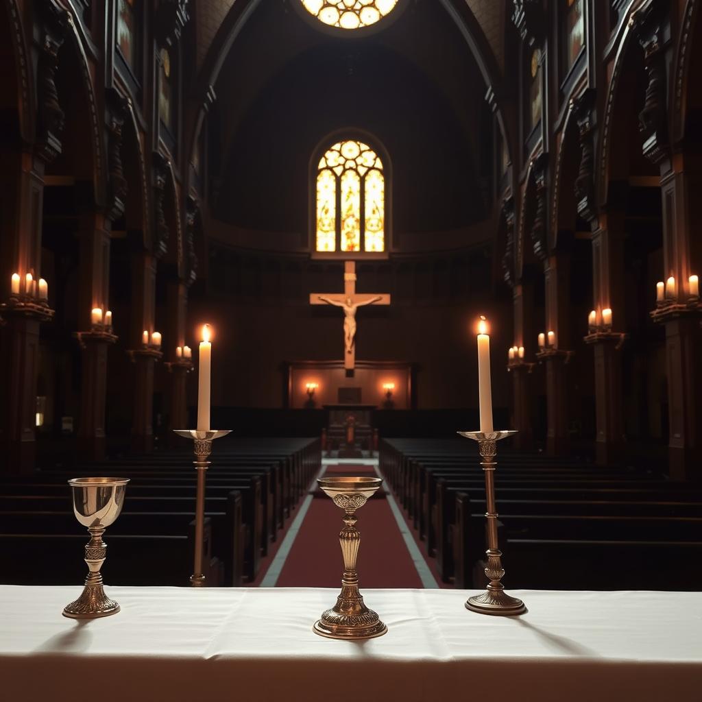 A serene, candlelit sanctuary filled with liturgical elements. In the foreground, an ornate chalice, paten, and crucifix stand atop a white linen-draped altar. Overhead, a stained-glass window casts a warm, golden glow. The middle ground features a tall, majestic cross flanked by two tall candlesticks, their flames flickering softly. In the background, rows of dark wooden pews lead the eye towards a towering, vaulted ceiling adorned with intricate carvings. The atmosphere is one of reverence and sacred contemplation.