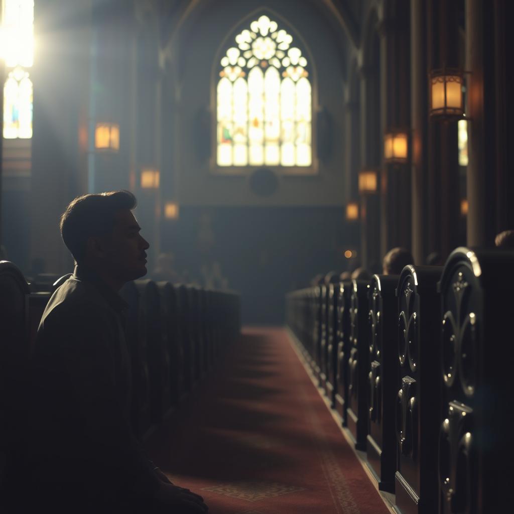 A serene, dimly-lit cathedral interior, the air thick with reverence. In the foreground, a lone figure kneels in prayer, their face uplifted, expression suffused with devotion. Soft, warm light filters through stained glass windows, casting a gentle glow across the scene. In the middle ground, rows of carved wooden pews stretch into the distance, empty save for a handful of silent worshippers. The background is shrouded in shadows, hinting at the vastness of the sacred space. An atmosphere of contemplative stillness pervades, evoking a sense of unwavering faith and steadfast vigilance.