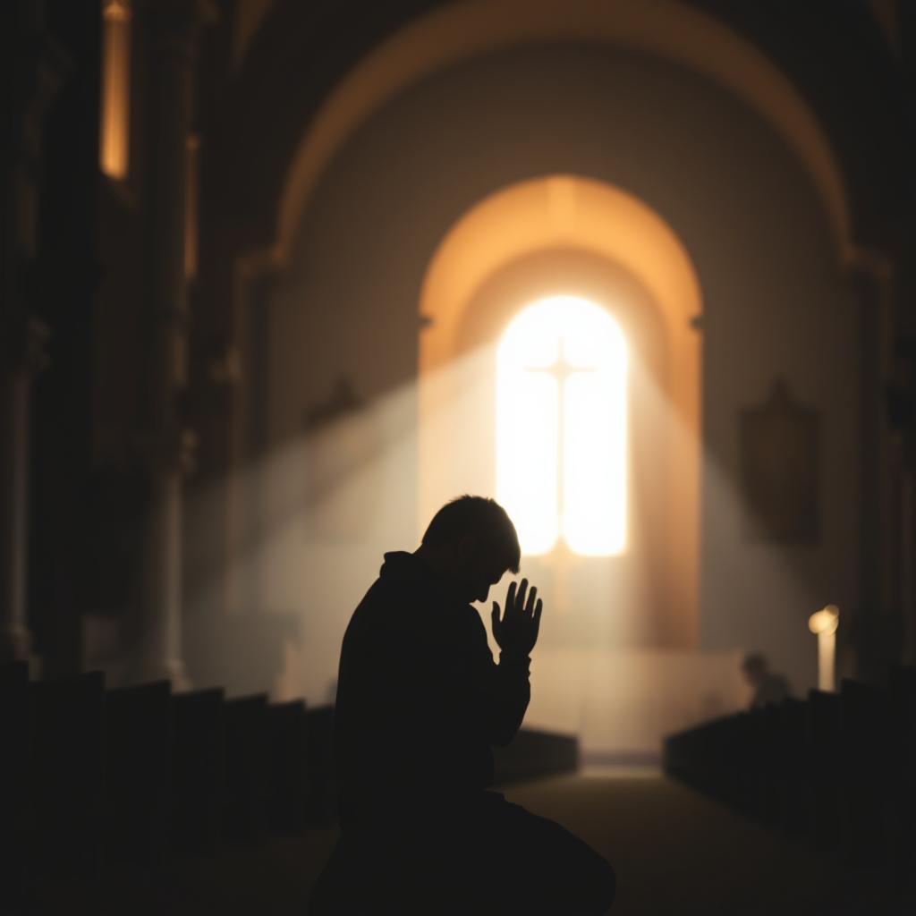 A serene, dimly lit interior space, with a sense of reverence and solemnity. In the foreground, a figure kneels in prayer, their hands clasped, head bowed, and expression one of deep contemplation. Soft, warm lighting bathes the scene, casting a gentle glow. The background is subtly blurred, suggesting a sacred, church-like environment, with hints of architectural details and religious iconography. The overall atmosphere evokes a profound sense of supplication, connection, and a plea for divine intervention, reflecting the essence of Psalm 69:14,17,30-31,33-34,36,37.