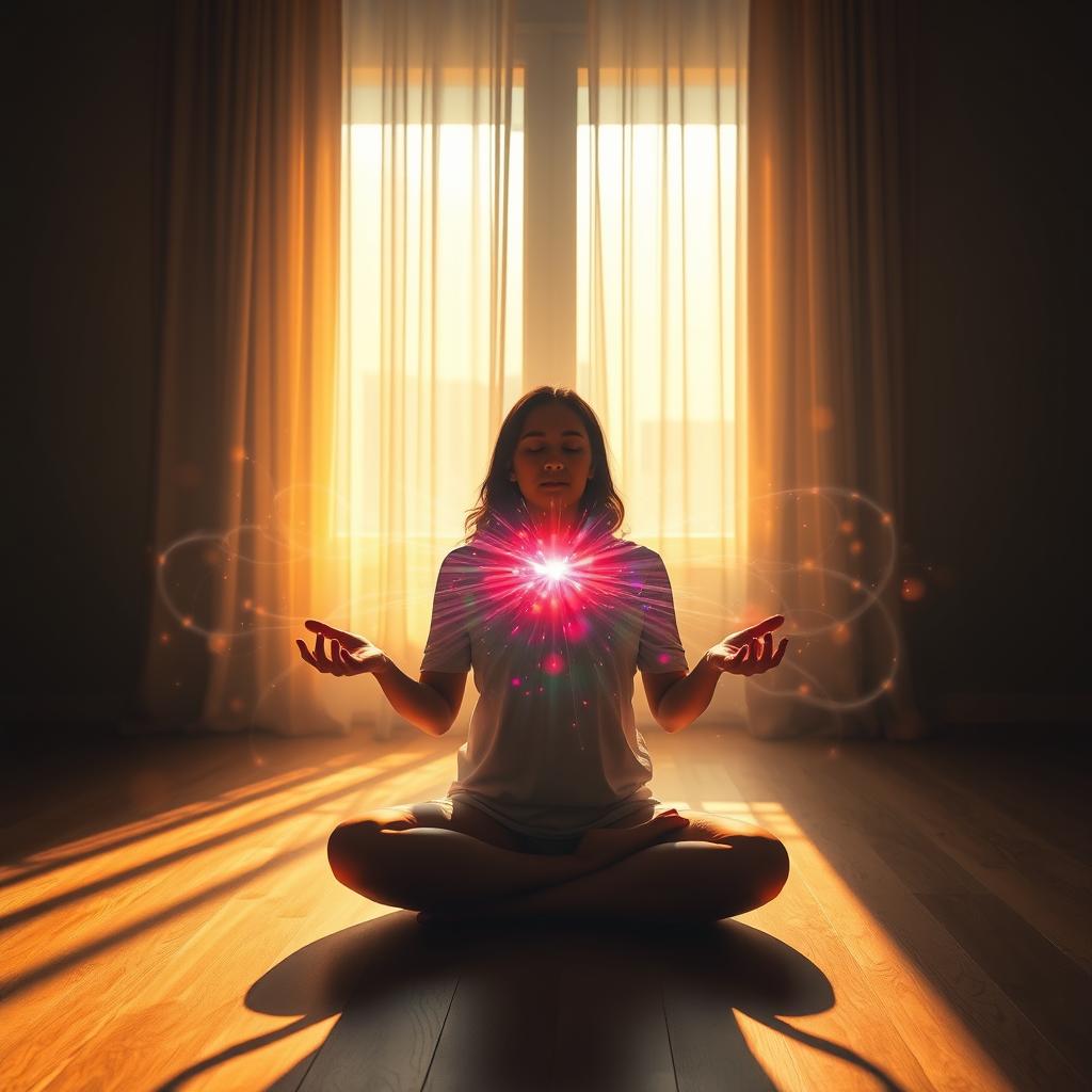 A serene, dimly lit room with warm, natural lighting filtering through sheer curtains. In the center, a person sits cross-legged, hands resting palms-up on their thighs, eyes closed in deep meditation. Radiant, colorful energy flows from their hands and body, forming a hazy, ethereal aura that envelops the room. Wisps of energy swirl and converge, clearing and cleansing the space, dispelling negative karmic influences. The atmosphere is one of tranquility, introspection, and spiritual awakening.