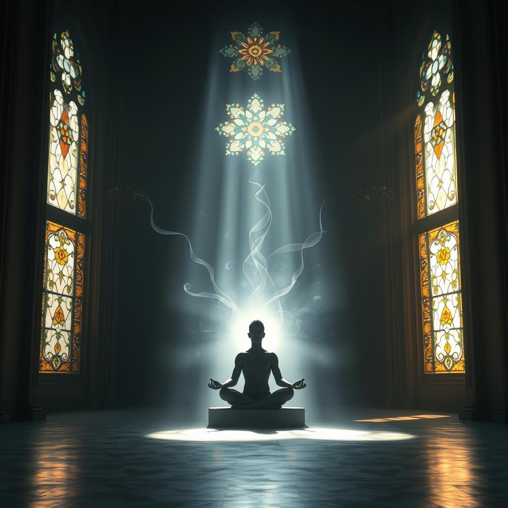 A serene, dimly lit temple interior. Sunlight filters through ornate stained glass windows, casting soft, ethereal illumination. In the center, a figure sits cross-legged in deep meditation, their aura radiating a sense of tranquility and inner peace. Floating around them, abstract wisps of energy represent the dissolution of the physical form, symbolizing the liberation of consciousness from the cycle of reincarnation. The background is hazy, with faint architectural details receding into the shadows, creating a sense of mysticism and the otherworldly.