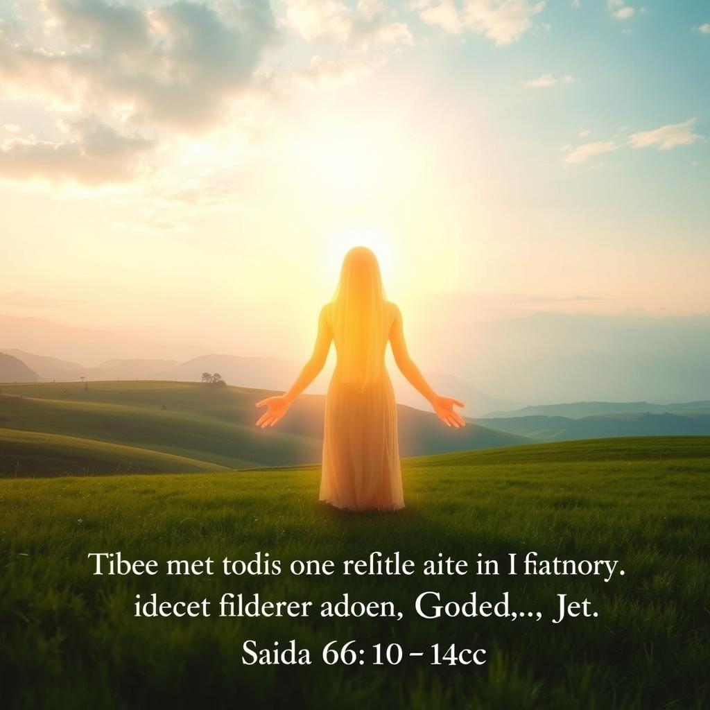 A serene, ethereal landscape depicting the maternal imagery of God in Isaiah 66:10-14c. In the foreground, a warm, glowing figure radiates a sense of nurturing and comfort, embodying the divine motherly love described in the scripture. The middle ground features a lush, verdant meadow with soft, rolling hills, symbolizing the abundance and nourishment promised by the Lord. In the background, a tranquil, cloud-filled sky casts a gentle, heavenly glow, conveying the transcendent, celestial nature of this maternal depiction of the divine. Lighting is soft and diffused, creating an atmosphere of tranquility and spiritual resonance. The overall composition evokes a feeling of peace, security, and the gentle embrace of a divine maternal figure.