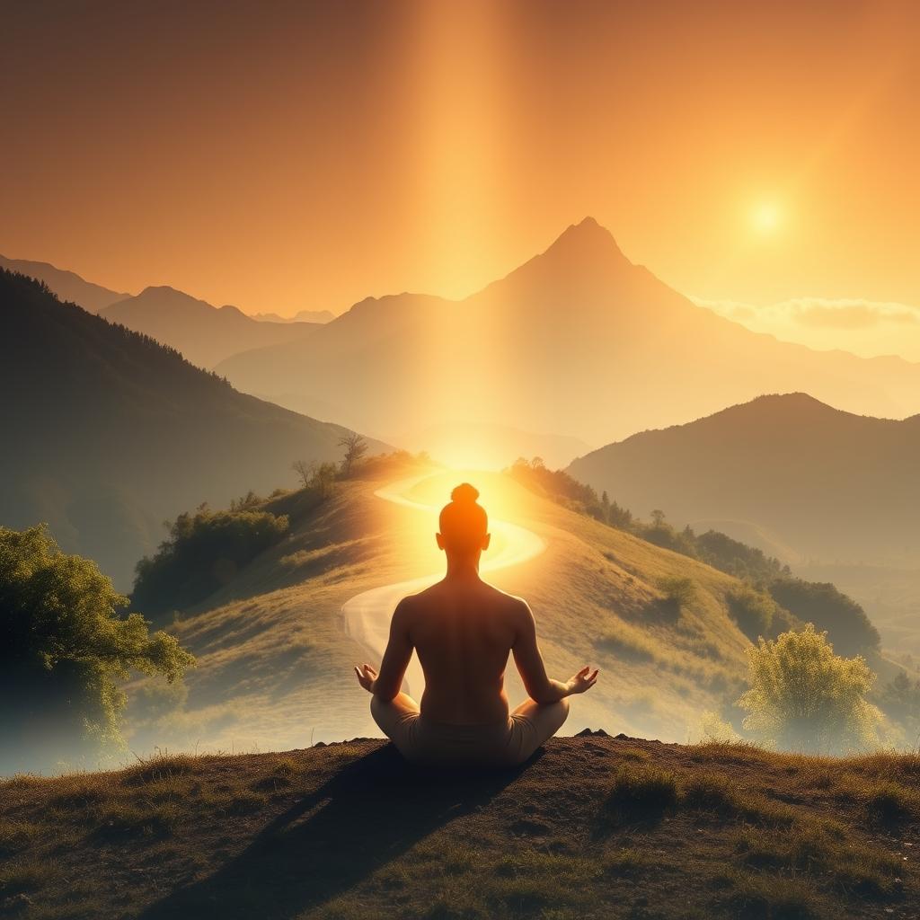 A serene, ethereal landscape depicts the spiritual growth cycle. In the foreground, a figure meditates, their aura radiating a soft, golden glow, symbolizing the inner transformation. The middle ground features a winding path, representing the journey of personal growth, flanked by lush, verdant foliage. In the distance, a majestic mountain range rises, its peaks touching the clouds, evoking a sense of transcendence and connection to the divine. The scene is bathed in warm, diffused lighting, creating a contemplative and introspective atmosphere. Subtle lens flares and a dreamlike haze add to the sense of mysticism and spiritual awakening.