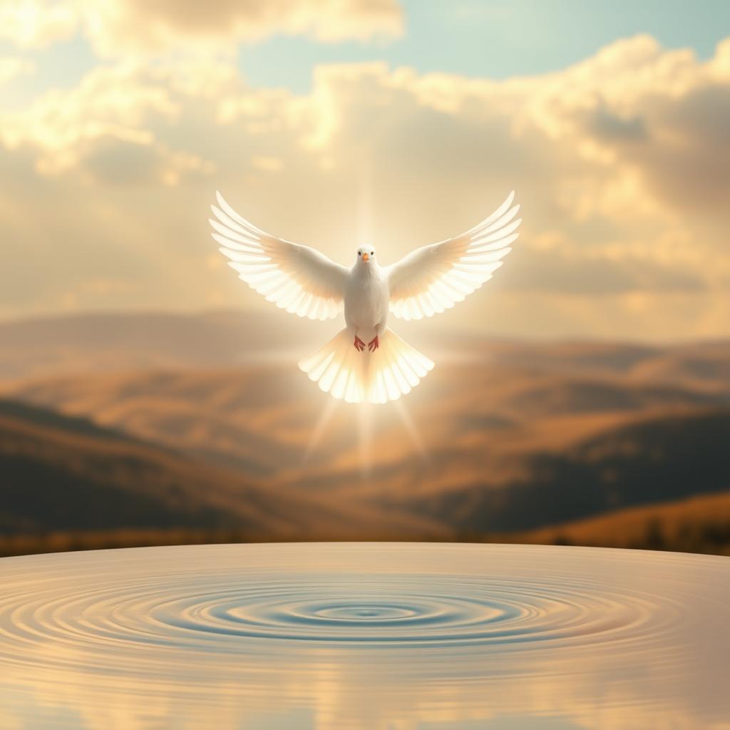 A serene, ethereal scene of the Holy Spirit manifesting as a dove, its wings outstretched in a gentle, luminous glow. The dove hovers above a tranquil pool of still water, reflecting the divine presence. The background is a softly blurred landscape of rolling hills and a vast, cloud-filled sky, bathed in warm, golden light. The composition is balanced and harmonious, conveying a sense of profound spiritual truth and enlightenment. The image is captured through a wide-angle lens, creating a sense of depth and expansiveness, inviting the viewer to contemplate the mystery and power of the Holy Spirit.