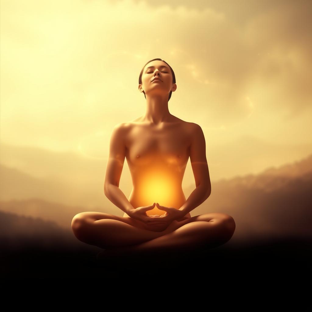 A serene figure, bathed in a warm, ethereal light, sits in a cross-legged lotus position, eyes closed in deep contemplation. Wisps of energy swirl around them, emanating a sense of profound inner peace and spiritual awakening. The background is a hazy, celestial landscape, with muted colors and a dreamlike atmosphere, suggesting a realm beyond the physical world. The composition is balanced, with the central figure occupying the focal point, surrounded by a sense of tranquility and transcendence. Soft, diffused lighting casts a gentle glow, creating a reverent and introspective mood.