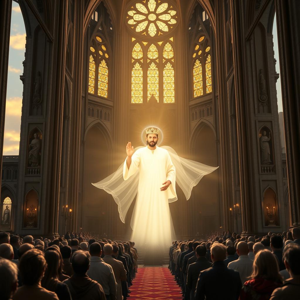 A serene, heavenly scene depicting the Holy Trinity. In the foreground, the three divine Persons - the Father, the Son, and the Holy Spirit - stand in a luminous, ethereal embrace, their forms radiating a soft, heavenly glow. The Son, crowned with a halo, extends his hand in blessing, while the Father and the Spirit gaze upon him with infinite love. In the middle ground, a congregation of the faithful kneels in reverent adoration, their faces turned upward in wonder. The background features a grand, ornate cathedral, its towering spires and intricate stained-glass windows bathed in the warm, golden light of the setting sun, creating a sense of awe and the sacred. The overall atmosphere is one of profound mystery, divine love, and the eternal, triune nature of God.