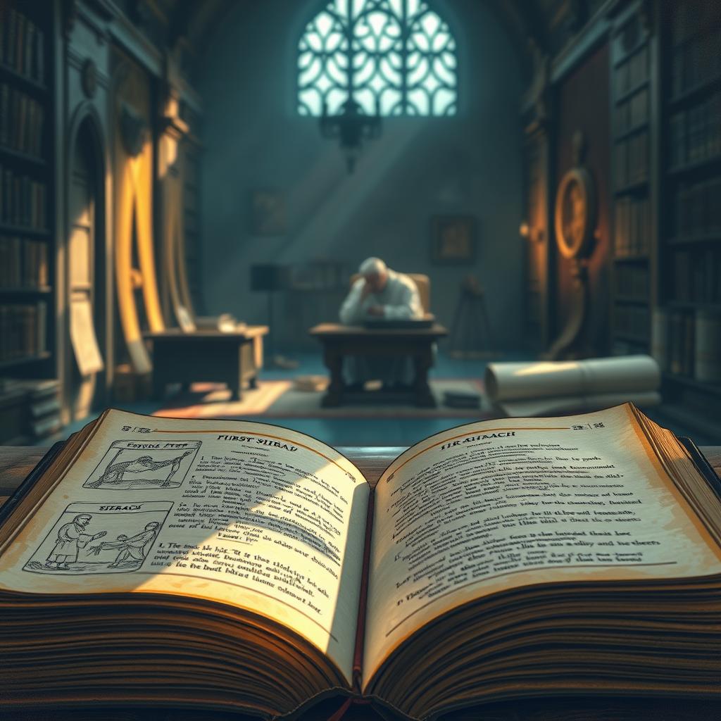 A serene, intricate illustration of biblical reflections from the Book of Sirach, capturing the wisdom and insights that illuminate the First Reading for the Twenty-second Sunday in Ordinary Time. In the foreground, a weathered, leather-bound book with gilded edges rests open, its pages illuminated by a warm, natural light. Delicate, hand-drawn illustrations and calligraphic text adorn the margins, hinting at the depth and nuance of Sirach's timeless teachings. The middle ground features a tranquil, contemplative scene, with a scholar or theologian seated at a wooden desk, deep in thought, surrounded by scrolls and parchments. In the background, a dimly lit, shadowy library or study, with towering bookshelves and a sense of timeless, sacred knowledge.