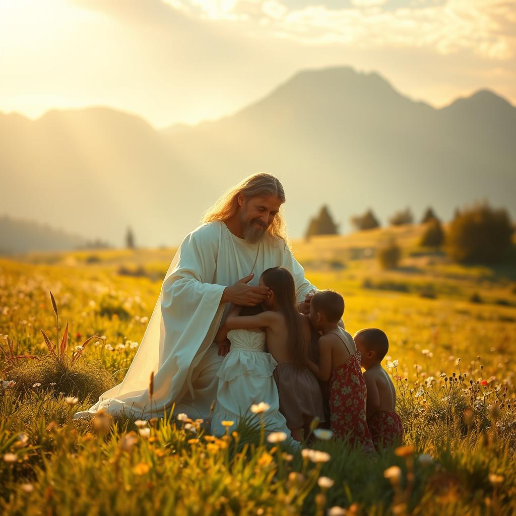 A serene landscape bathed in warm, golden light. In the foreground, a figure of a divine entity, with a radiant, loving expression, tenderly embracing a group of vulnerable individuals - the poor, the orphaned, the sick, and the marginalized. The middle ground depicts a lush meadow, dotted with wildflowers, symbolizing the abundant blessings and comfort provided by the divine protector. In the background, a majestic mountain range, its peaks reaching towards the heavens, representing the eternal and unwavering nature of God's care. The entire scene exudes a sense of peace, security, and the profound assurance that the vulnerable are never abandoned, but rather held in the embrace of the divine.