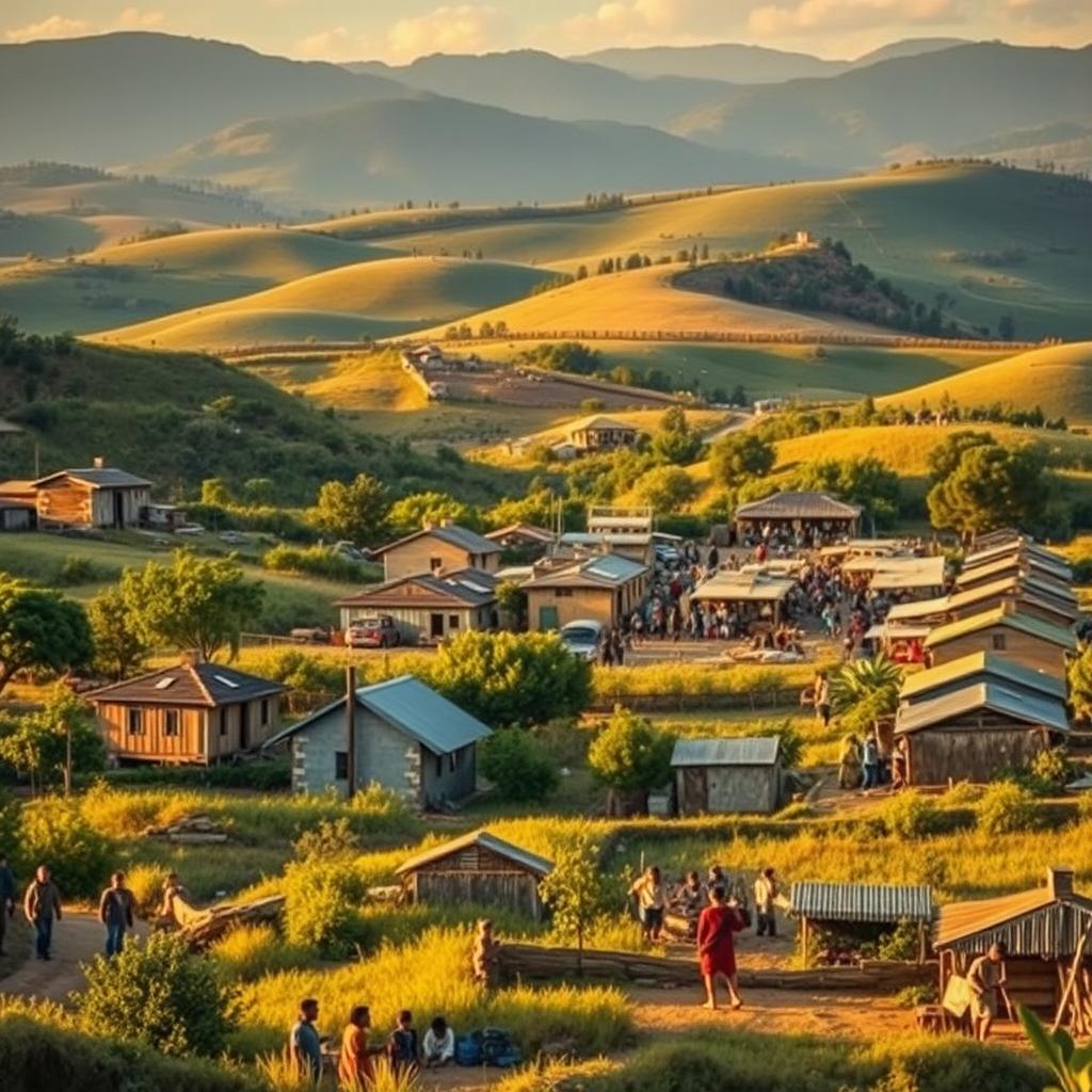 A serene landscape depicting economic justice. In the foreground, a peaceful village with modest yet well-maintained dwellings, where people of diverse backgrounds work harmoniously, their faces reflecting a sense of contentment and belonging. In the middle ground, a bustling marketplace abuzz with activity, where goods are exchanged fairly, and everyone has access to essential resources. In the background, rolling hills and lush greenery, symbolizing the abundance and sustainability of this just economic system. The scene is bathed in warm, golden light, conveying a sense of balance, equity, and the common good. The overall mood is one of tranquility, prosperity, and the realization of Psalm 15's vision of living justly.