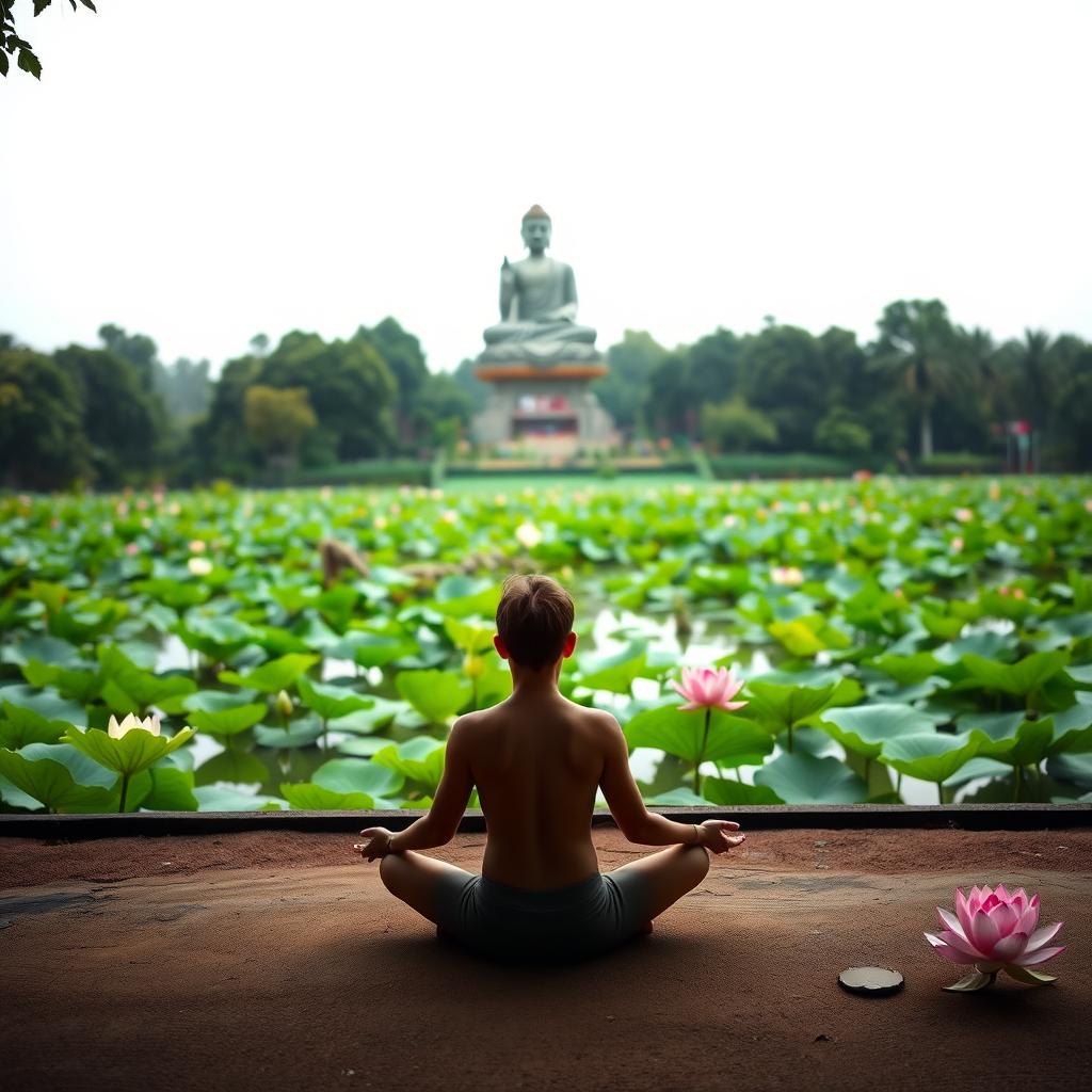 A serene meditation garden with a tranquil lotus pond, its surface reflecting the lush foliage surrounding it. In the foreground, a person sits cross-legged, their eyes closed in deep contemplation, their palms resting gently on their knees. Soft, diffused lighting illuminates the scene, creating a sense of calm and introspection. In the background, a towering Buddha statue watches over the serene landscape, its presence imbuing the space with a sense of spiritual enlightenment. The overall atmosphere is one of peace, clarity, and a deep connection to the present moment.