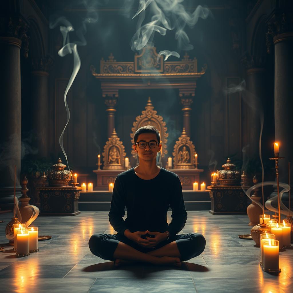 A serene sanctuary filled with the peaceful ambiance of devotional practices. In the foreground, a figure sits cross-legged in deep meditation, their face radiant with inner calm. Surrounding them, delicate incense smoke curls upwards, casting a warm, ethereal glow. In the middle ground, ornate altars adorned with sacred symbols and candles flicker softly, creating a contemplative atmosphere. The background depicts a richly textured, dimly lit space, with architectural elements that evoke a sense of timelessness and reverence. The lighting is soft and diffused, casting gentle shadows that add depth and dimension to the scene. The overall mood is one of introspection, harmony, and the pursuit of spiritual enlightenment.
