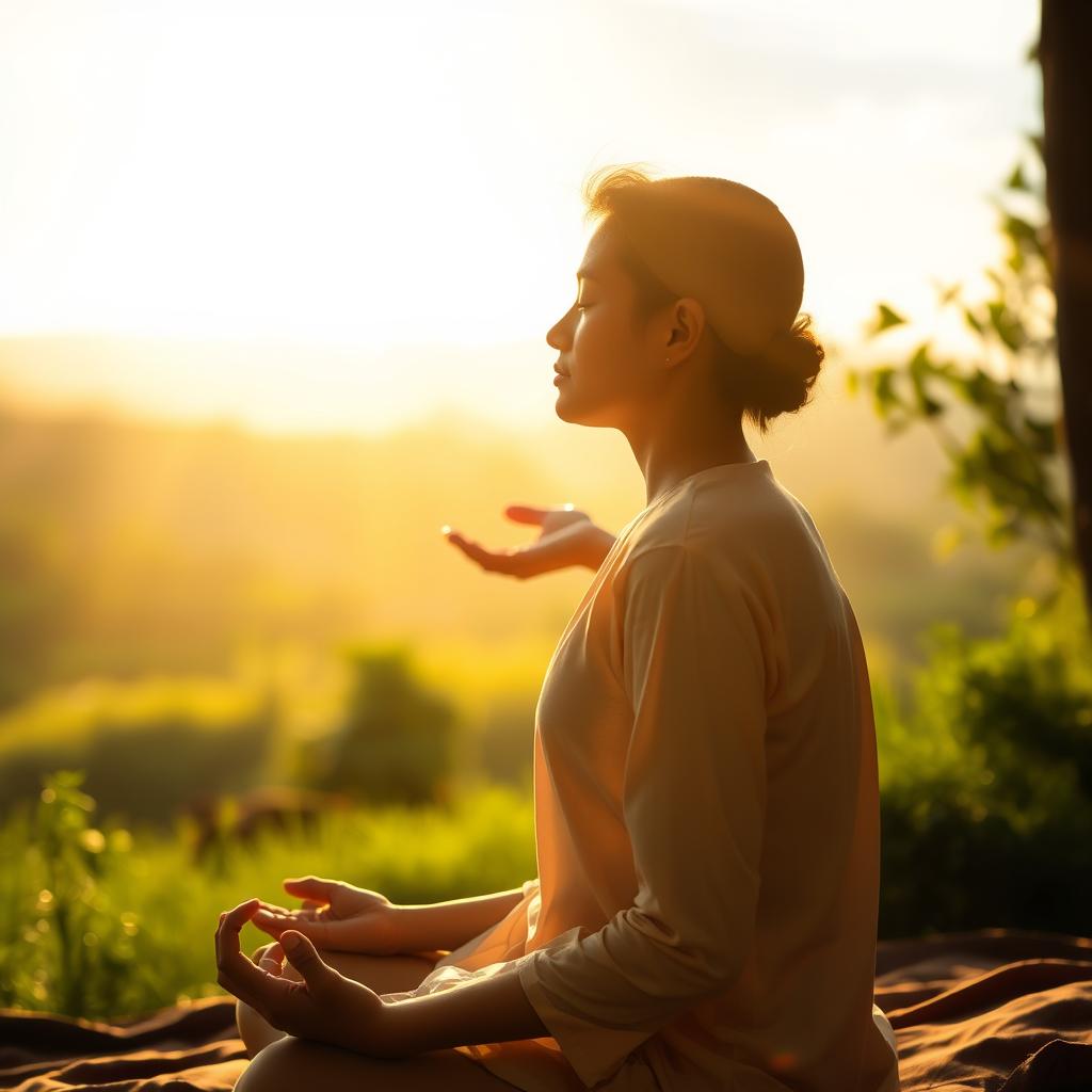 A serene scene of Karma Yoga, a spiritual practice of selfless service. In the foreground, a figure sits in a meditative pose, their eyes closed in deep contemplation. Rays of warm, golden light filter through the background, casting a soft, ethereal glow. In the middle ground, hands tenderly assist others, embodying the essence of compassion and detachment. The background depicts a tranquil landscape, with lush greenery and a distant horizon, symbolizing the journey towards liberation from the cycle of reincarnation. The overall mood is one of peaceful contemplation, where the individual finds fulfillment through dedicating their actions to the greater good.