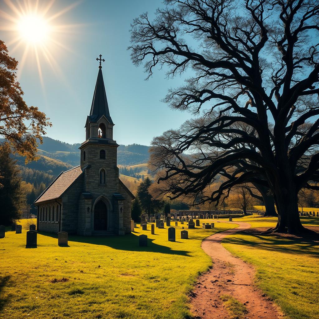 A serene, sunlit landscape with rolling hills and lush greenery. In the foreground, a weathered stone church stands amidst a tranquil cemetery, its steeple reaching towards the heavens. Rays of golden light filter through stained glass windows, casting a warm glow over the scene. In the middle ground, a small dirt path winds through the graveyard, inviting the viewer to explore. In the distance, a canopy of ancient oak trees sways gently in the breeze, their branches casting intricate shadows on the ground below. The overall atmosphere evokes a sense of reverence, contemplation, and the eternal cycle of life and death.