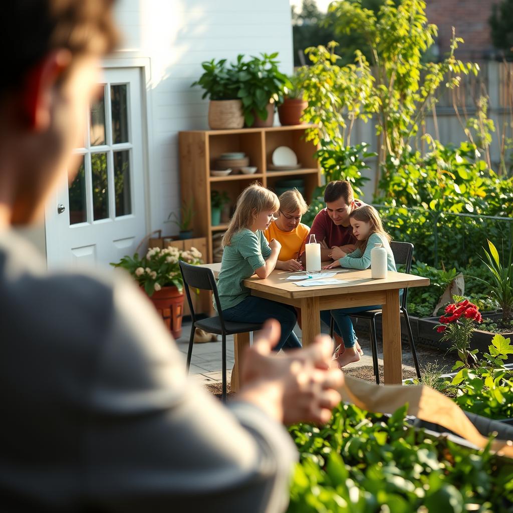 A serene, well-lit scene depicting practical applications of faith in everyday life. In the foreground, a person is engaged in acts of charity, helping a neighbor in need. In the middle ground, a family is gathered in prayer around a kitchen table, their faces aglow with a sense of reverence. In the background, a community garden thrives, a testament to the fruits of their labor and stewardship. The lighting is soft and natural, casting a warm, welcoming glow. The composition is balanced, with a sense of harmony and interconnectedness, conveying the idea that faith is woven into the fabric of daily existence.