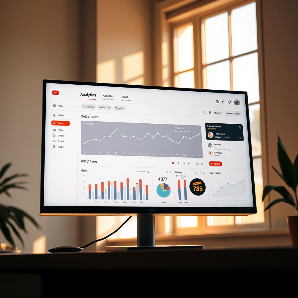 A sleek, modern YouTube Analytics dashboard displayed on a high-resolution computer screen. The dashboard features clean, minimalist design with intuitive visualizations, including line graphs, pie charts, and KPI widgets. Metrics such as views, subscribers, and watch time are prominently displayed. The dashboard is set against a neutral, light-colored background, with subtle accents of the YouTube brand colors. Warm, natural lighting from a large window casts a soft glow on the screen, creating a sense of depth and atmosphere. The camera angle is slightly elevated, providing a comprehensive overview of the dashboard's layout and functionality.