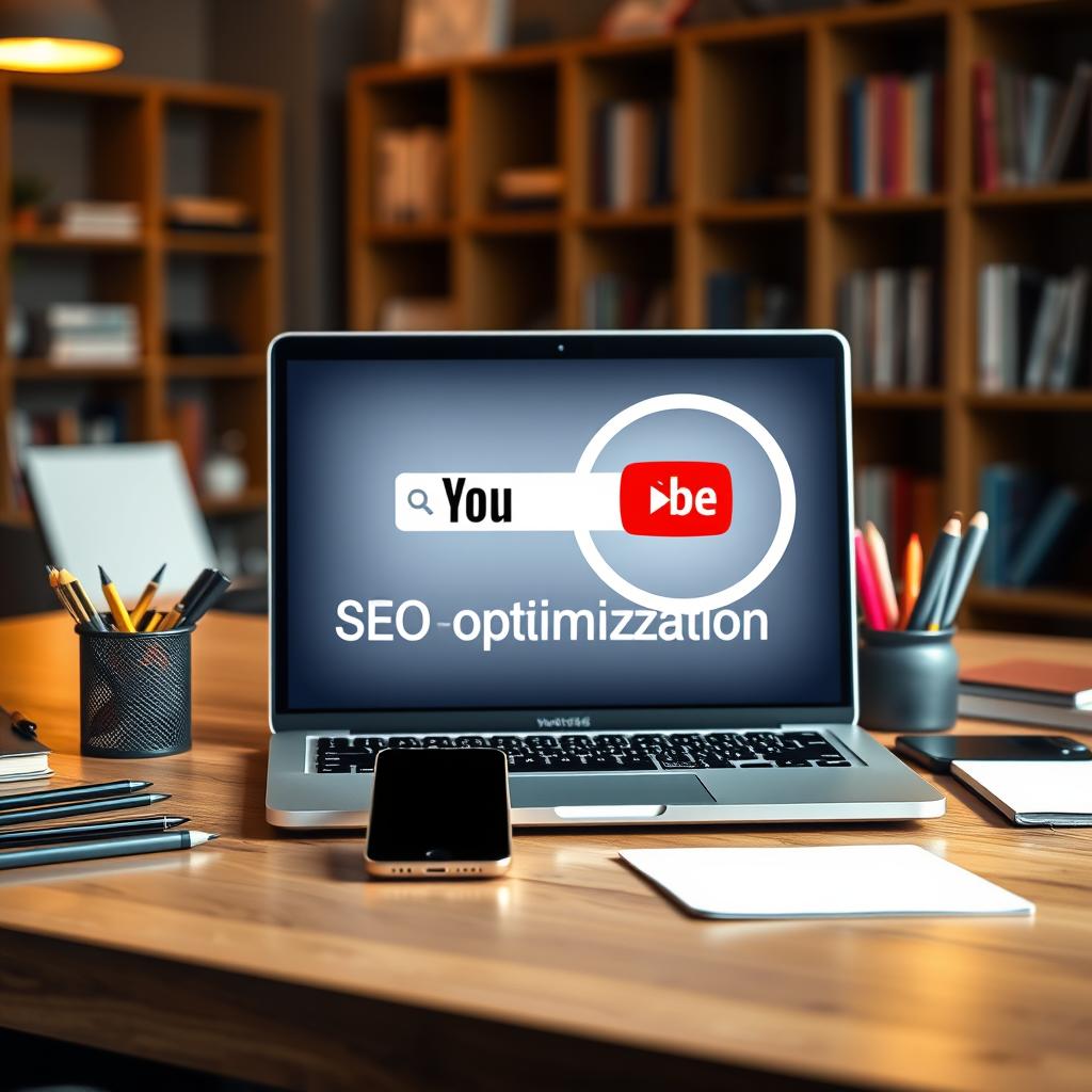 A sleek, modern workspace with a laptop, smartphone, and various office supplies neatly arranged on a wooden desk. The laptop screen displays the YouTube logo and search bar, with the words "SEO Optimization" prominently displayed. A magnifying glass icon hovers over the search bar, symbolizing the process of optimizing content for improved visibility on the platform. The lighting is warm and focused, creating a professional and productive atmosphere. The background features blurred shelves and bookshelves, suggesting a well-organized and knowledgeable environment. The overall composition conveys a sense of expertise and attention to detail in the field of YouTube SEO.