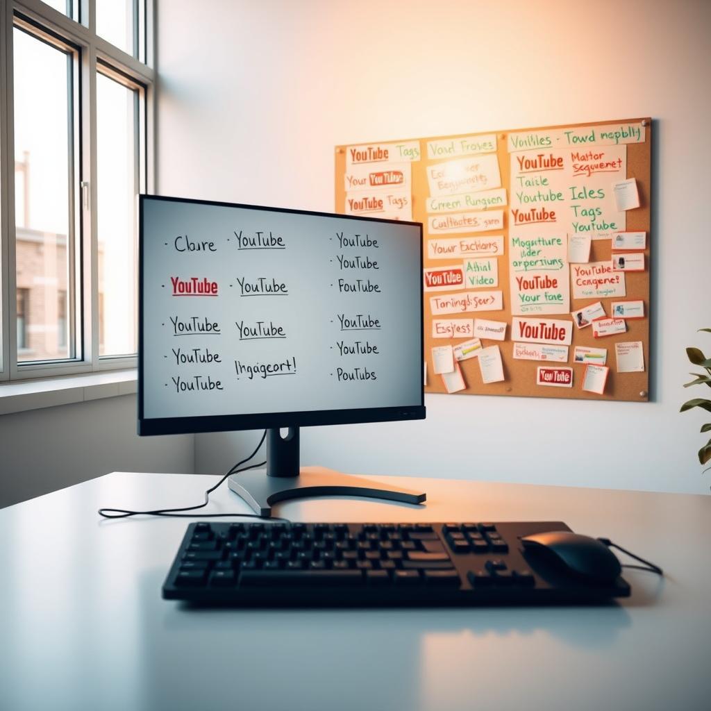 A sleek, modern workspace with a large computer monitor displaying various YouTube tags. In the foreground, a keyboard and mouse sit atop a minimalist desk, bathed in warm, natural lighting filtering through large windows. In the background, a bulletin board showcases a strategic arrangement of colorful, hand-written YouTube tags, each carefully chosen to optimize video exposure. The overall atmosphere conveys a sense of focused productivity and digital savvy, perfectly reflecting the strategic use of tags to boost video visibility on the platform.