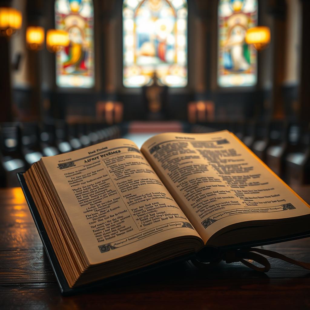 A solemn Catholic lectionary resting on a wooden table, illuminated by warm, soft lighting. The pages are open, revealing the intricate calligraphic text and ornate illustrations. The background features a subtly blurred ecclesiastical setting, with stained glass windows casting a gentle glow. The overall atmosphere evokes a sense of reverence and contemplation, inviting the viewer to engage with the unified message connecting the readings.